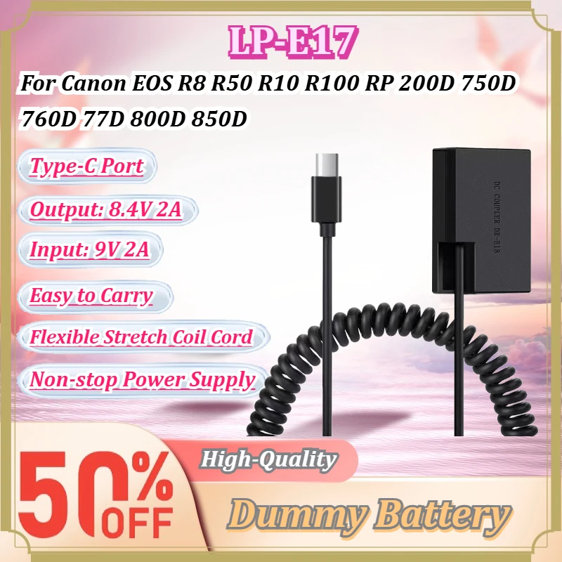 For Canon EOS R8 R50 R10 R100 RP 200D 750D 760D 77D 800D 850D LP-E17 DR-E18 Dummy Battery USB-C PD 9V Power Coupler