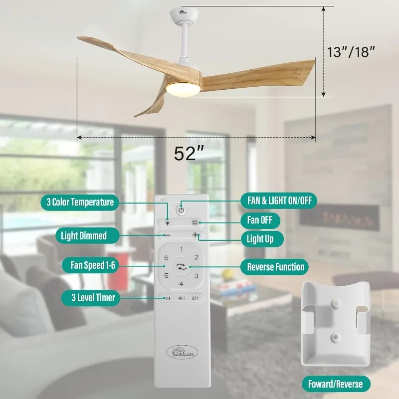 Sofucor 조명 리모컨 천장 선풍기, 원격 실외 천장 선풍기, 웨이브 현대 천장 선풍기, 52 인치 3 극