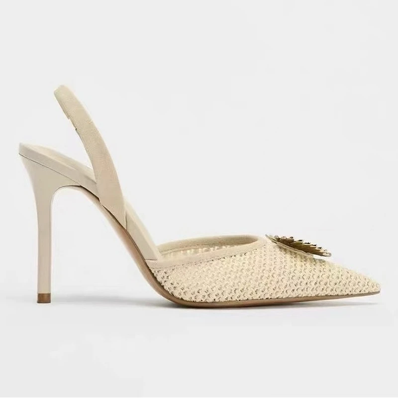 نسج شبكة مثير أشار تو مضخات النساء الصنادل زخرفة المعادن أنيقة أحذية خفيفة عالية الكعب العلامة التجارية مصمم أحذية الزفاف #4
