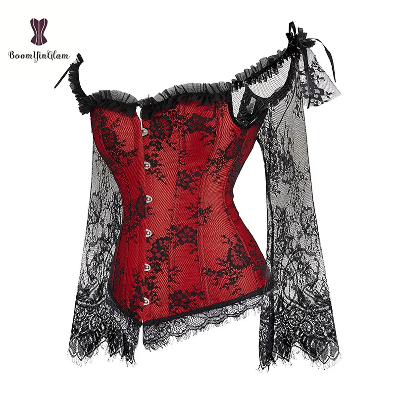 Plus Size 6XL Lange Mouwen Ruches Bloemen Korset Vrouwen Pak Bovenborst Top Mode Kostuum Lace Up Uitgebeend Corset En Bustier