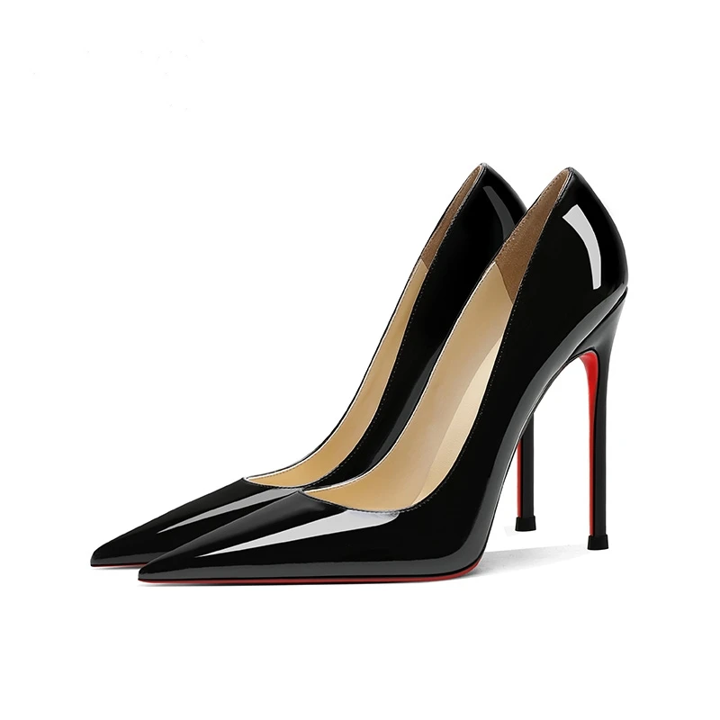 Black high heels slim heels sexy new style patent leather, comfortable and versatile, pointed professional red sole single shoes