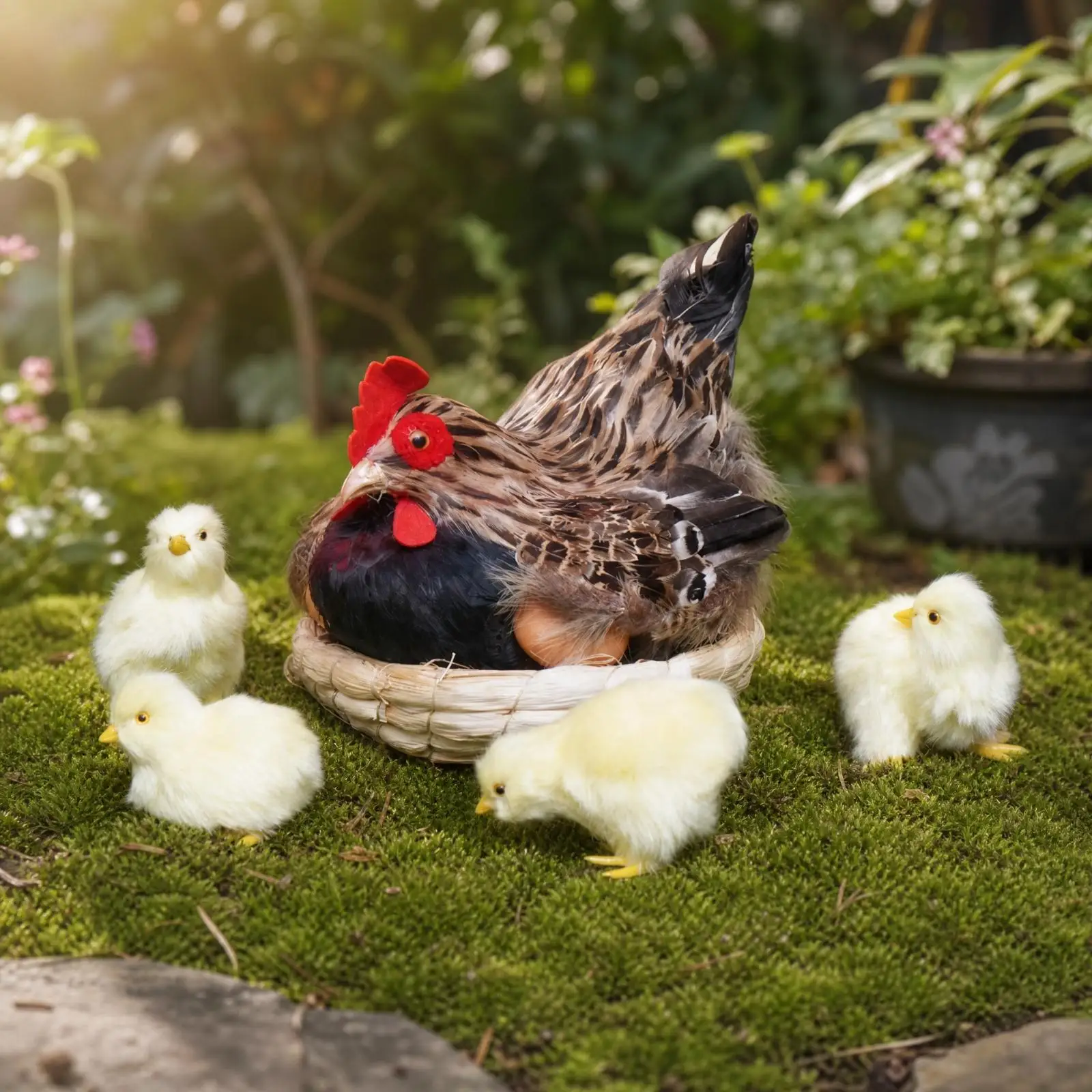 Detailed Hen Figurine Farm Display Decor Brooding Fake Bird with Woven Nest for Indoor Outdoor Yard Patio Farmhouse Styling