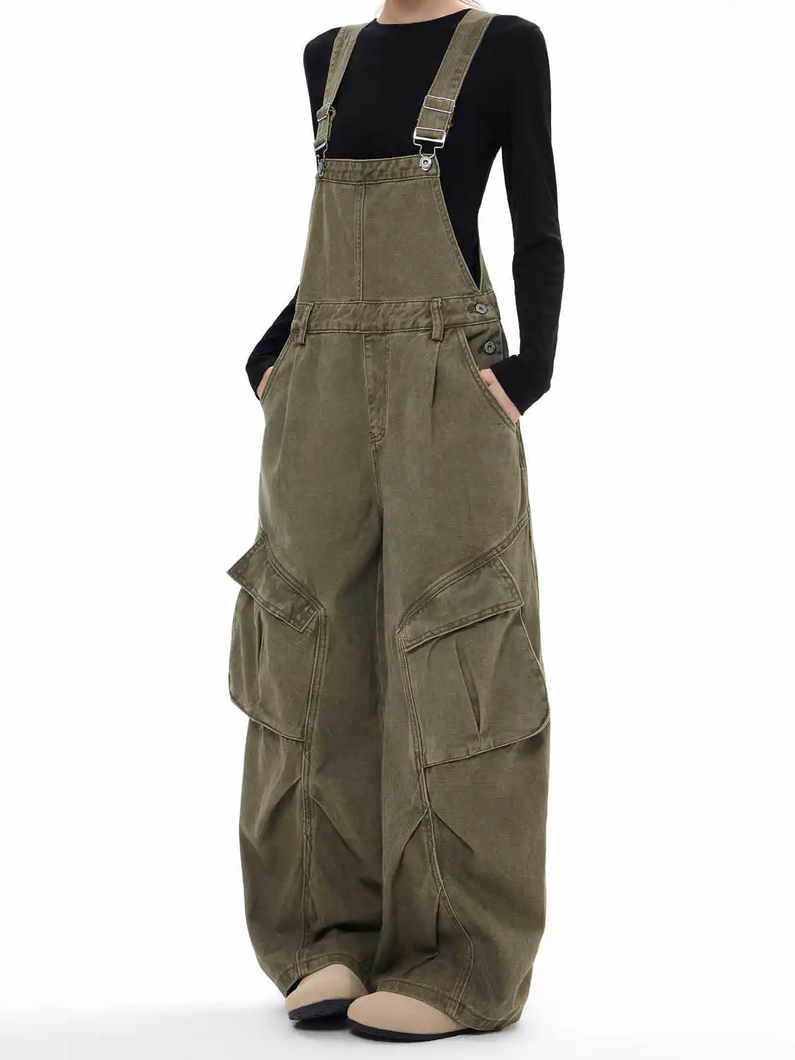 American-style Vintage Multi-pocket Overalls 2026 Spring Women Washed Straight Jumpsuit Floor-length Wide-leg Casual Jeans