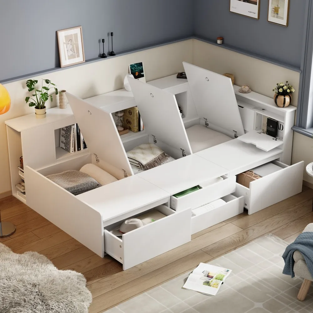 Platzsparende weiße Babymöbel – multifunktionales Kinderbett mit Schubladen, Einzelbett, Bücherregal, Aufbewahrung, Bettkasten (keine Matratze)
