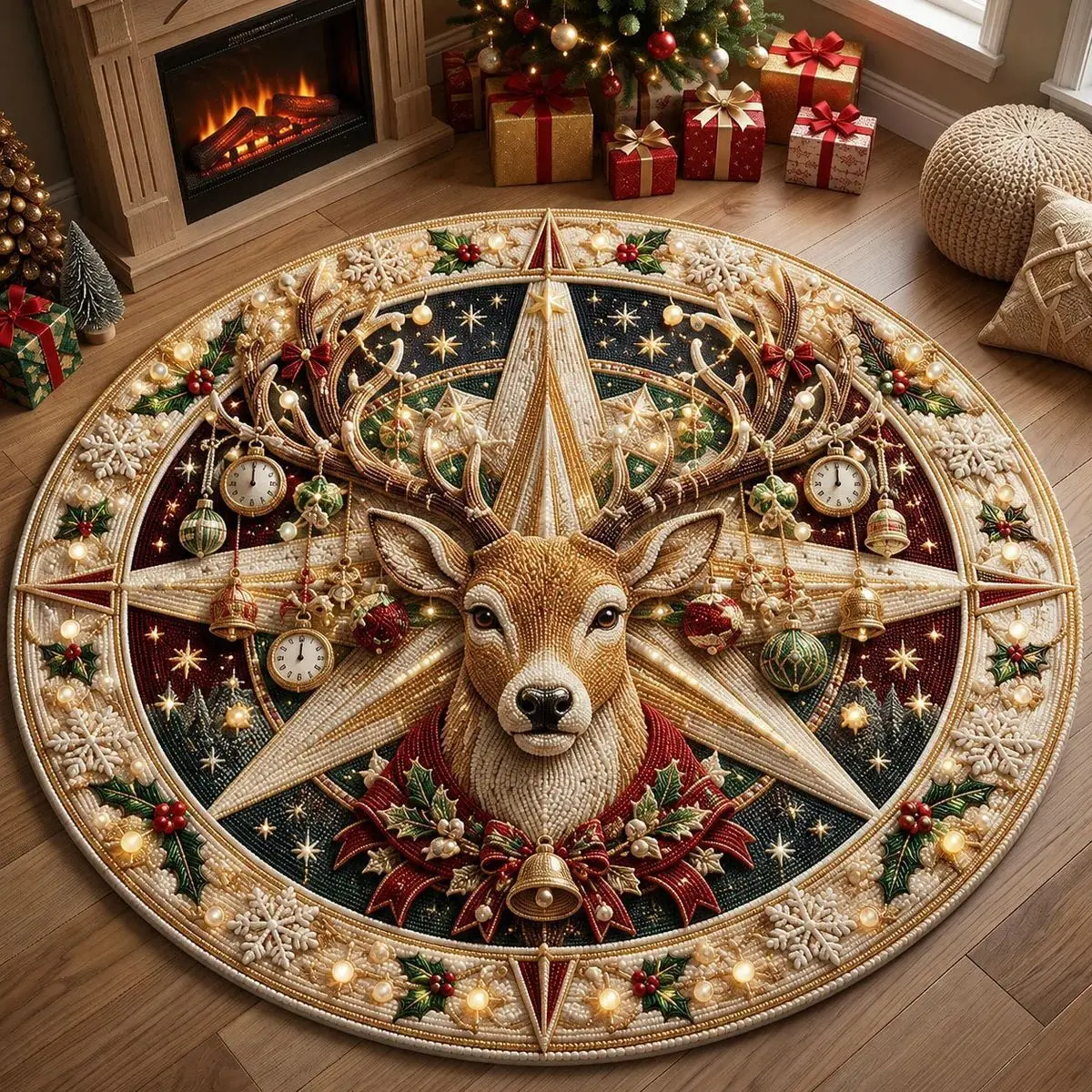 VIKAMA Santa Sleigh Reindeer Starry Night Round Rug Soft Flannel Non-Slip Bedroom Bedside Living Room Christmas Carpet Cozy Home