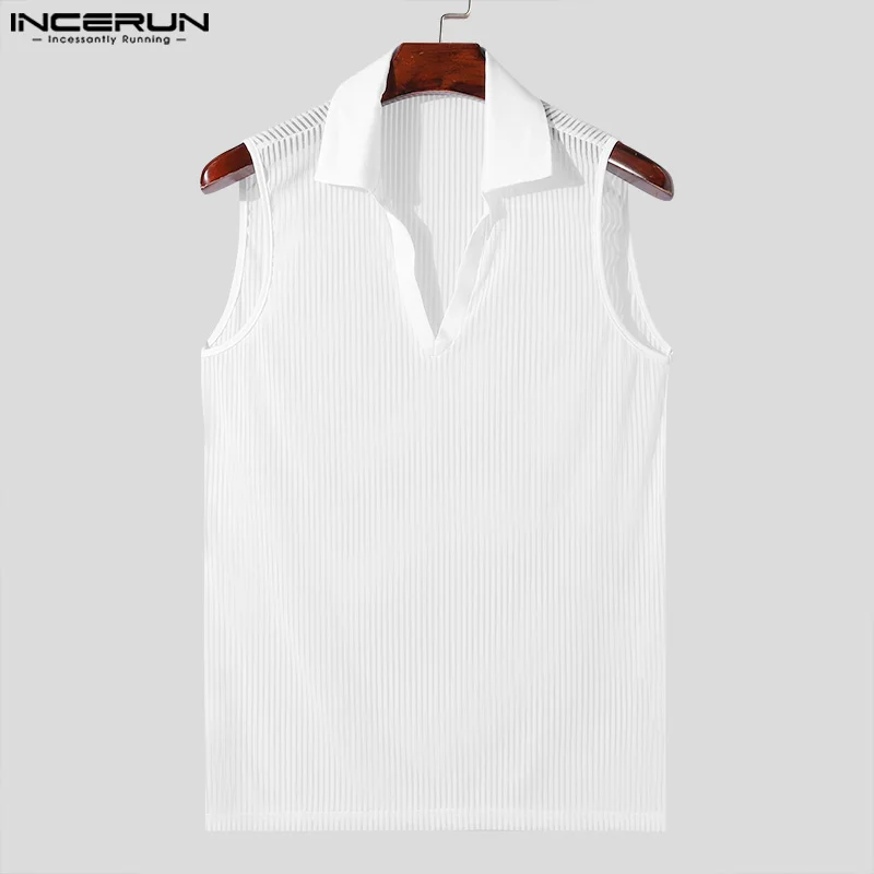 Casual Street Style Tops INCERUN 2024 New Men's Knitted Vertical Stripe Vests Male Solid Color Lapel Sleeveless Tank Tops S-5XL