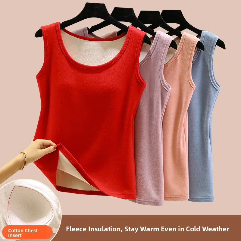 Women's Warmth Vest Autumn Winter Thermal Underwear Cotton round Neck Design with Chest Pad Velvet Lined Single Layered Base ...