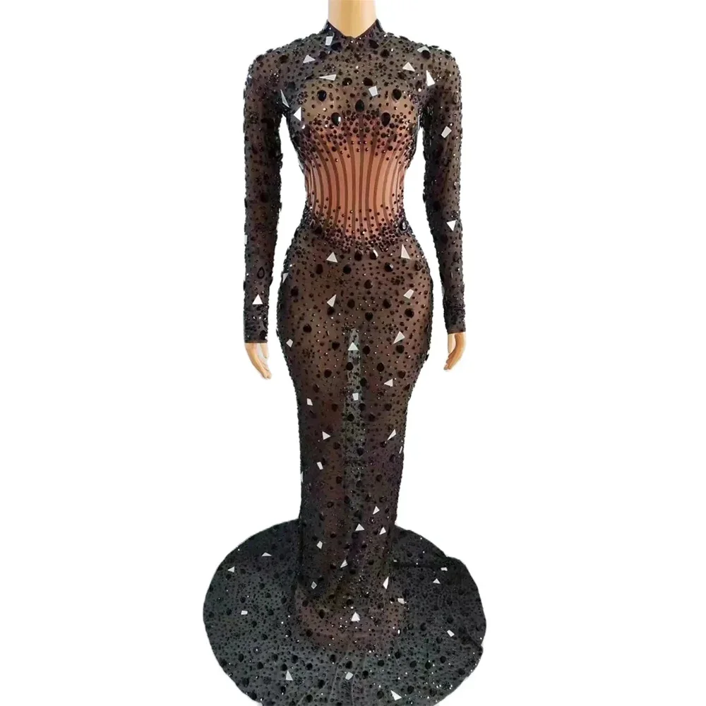 

Sexy Stage High Neck Long Sleeve Beaded Bodycon Dress Women Black White Mesh See through Club Party Vestidos