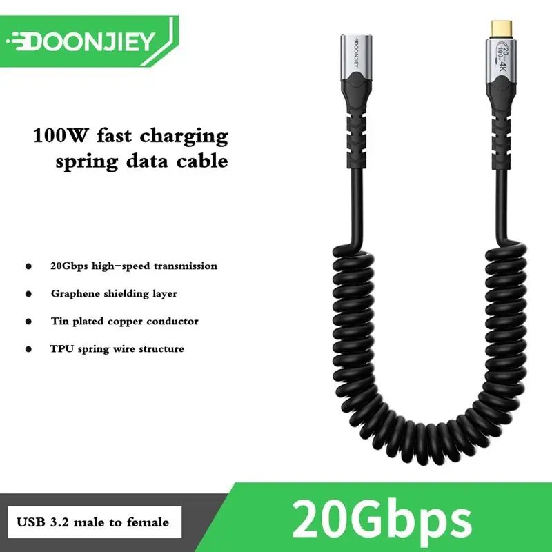 2m 4K@60Hz USB 3.2 Male to Male Spring Data Cable Type-C Male to Female Extension Cable PD100W Fast Charging 20Gbps Transmission