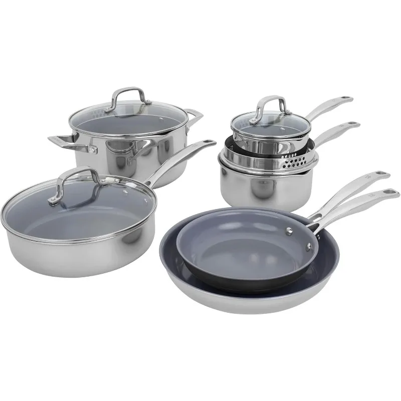 HENCKELS Clad H3 10-pc Induction Ceramic Nonstick Pot and Pan Set, Stainless Steel, Durable and Easy to clean