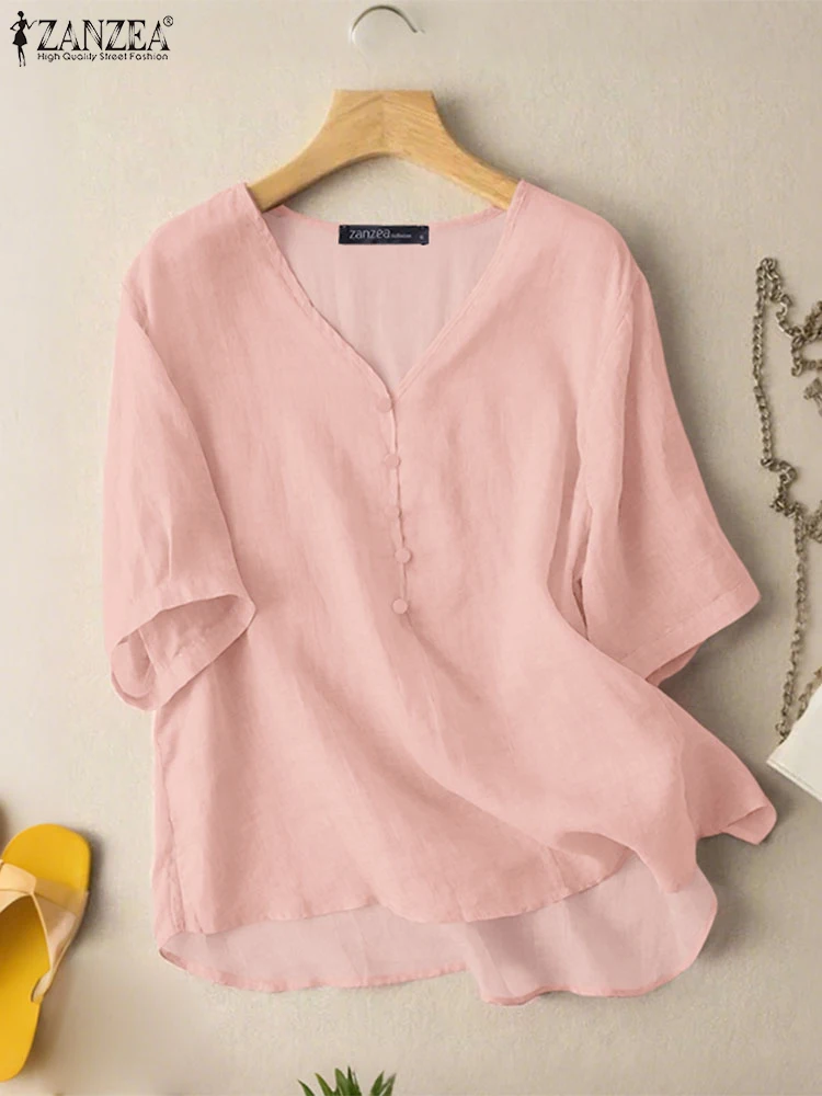 

ZANZEA 2025 Summer Soild Color Tunic Tops High-Low Casual Women Half Sleeve Blouses Vintage V-Neck Comfort Weekend Blusas Mujer