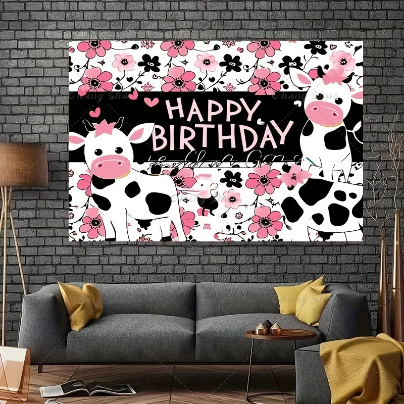 Pink Baby Shower Happy Birthday Party Cute Cow Flowers Suministros Para Fiestas Photography Banner Custom Background Decoration