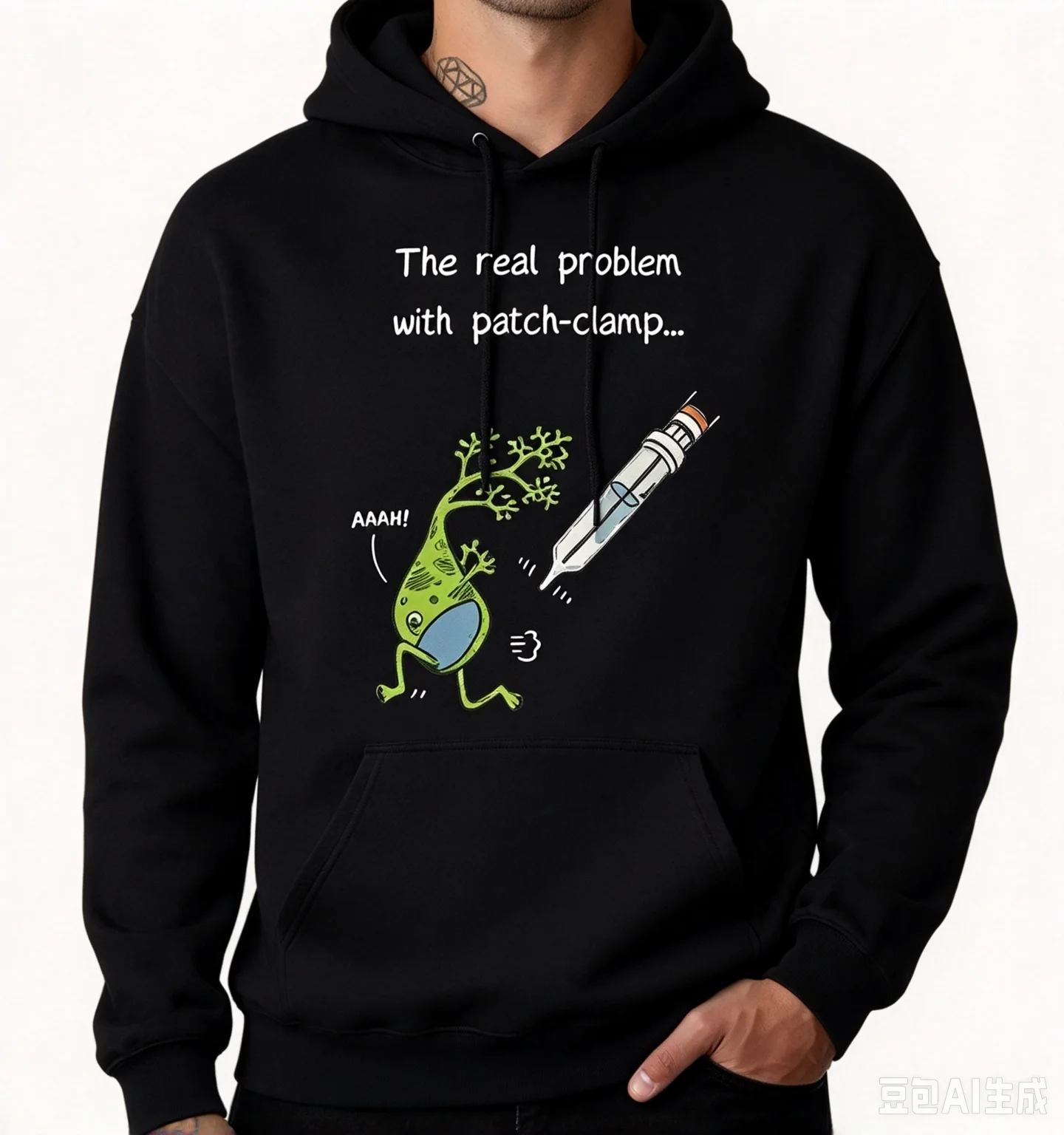 The Real Problem With Patch Clamp Neuron Cartoon Graphic Hoodie, Funny Neuroscience Scientist Unisex No Drawstring Pullover Hood