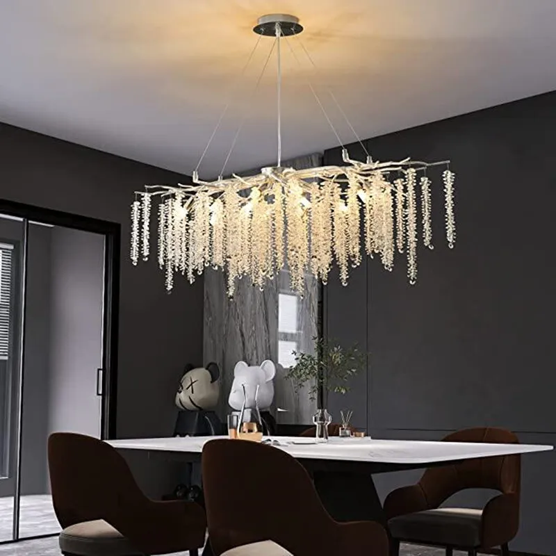 

Silver Tassel Crystal Chandelier Rectangular Ceiling Chandelier Branch Living Room Dining Table Hanging Light Fixtures Gold 220V