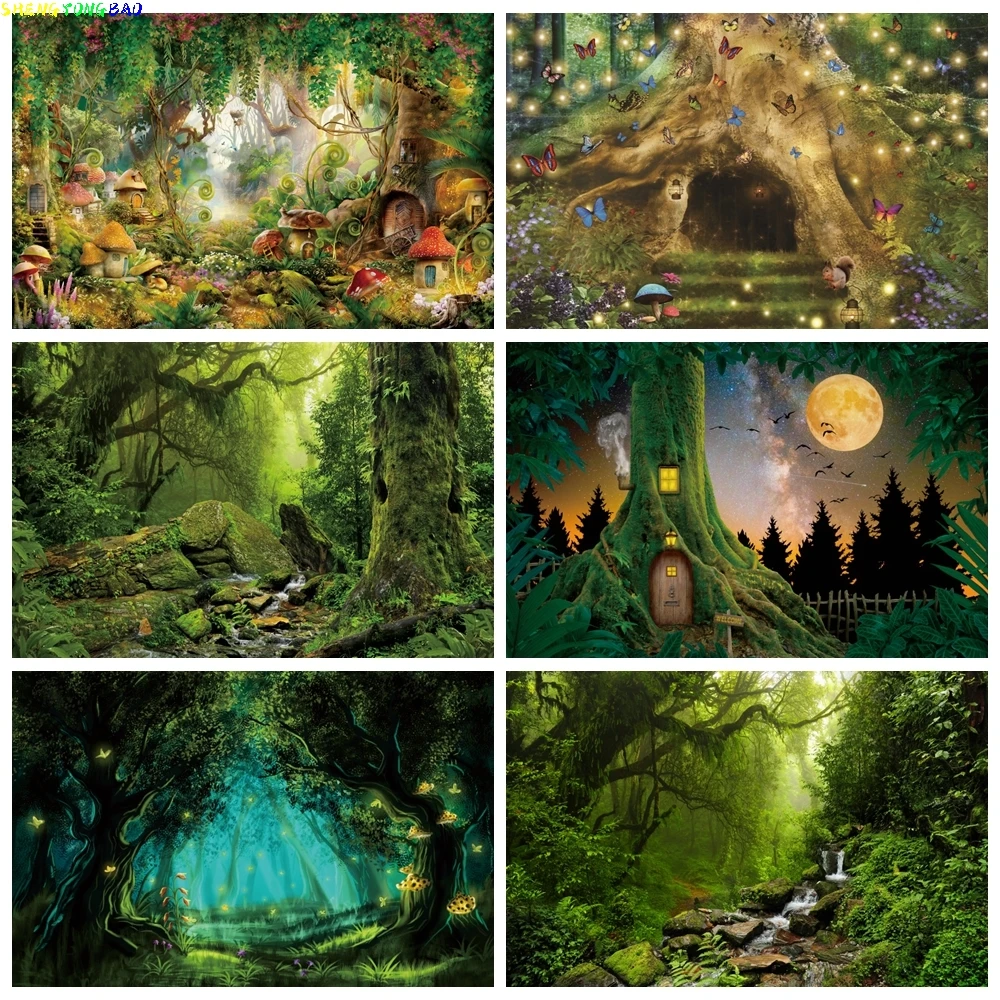 

Tropical Jungle Backdrop Rain Forest Palms Tree Green Mushroom Castle Photography Scenery Birthday Background For Photo Studio