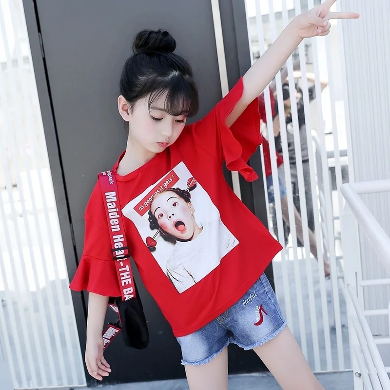 

Faionable round Ne ort Sve Bell Sve T-irt for Girls Children's Clothing Summer 2025 New Korean Sle Versatile Top