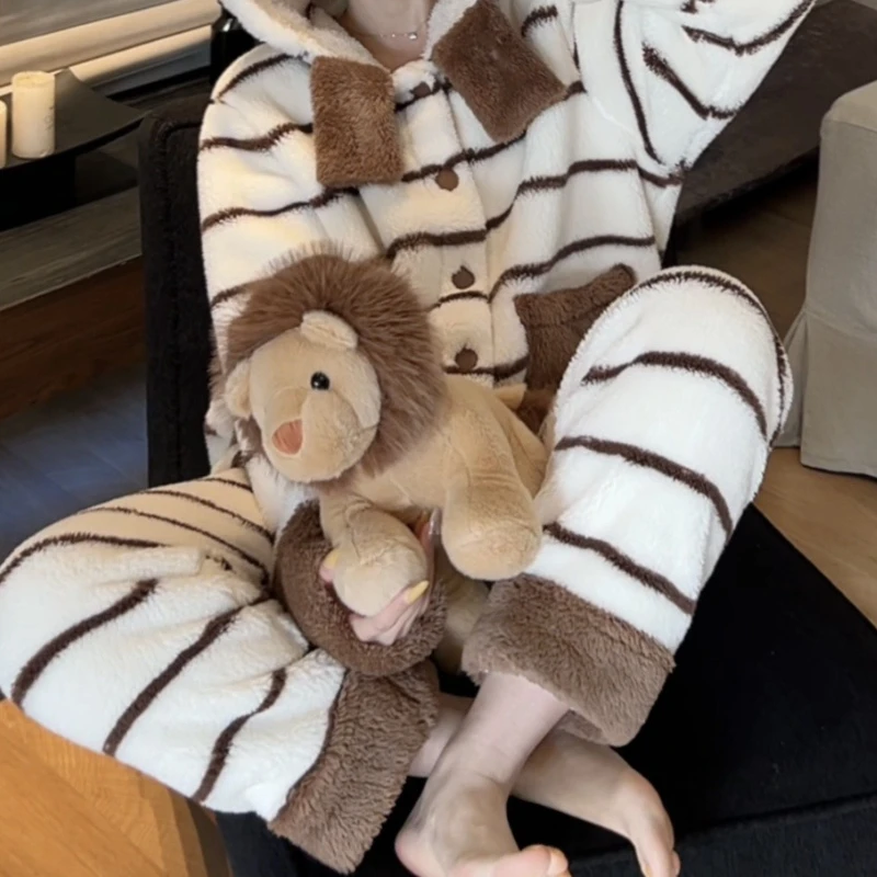 

Winter Thickened Hooded Casual Plus Velvet Warm Can Be Worn Outside Home Clothes Pajamas Women's Cute Stripes