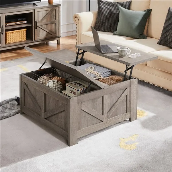 

Lift Top Coffee Table Farmhouse Wooden with Hidden Storage Compartments, Gray