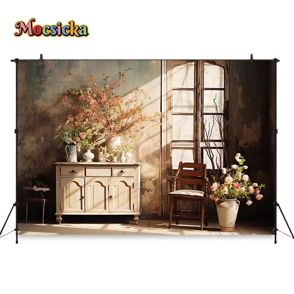 Fotografie Hintergrund Studio Familie Foto Innenraum Tapete Hintergrund Retro beschädigte Wand Fenster Schrank Blume Dekor Requisiten