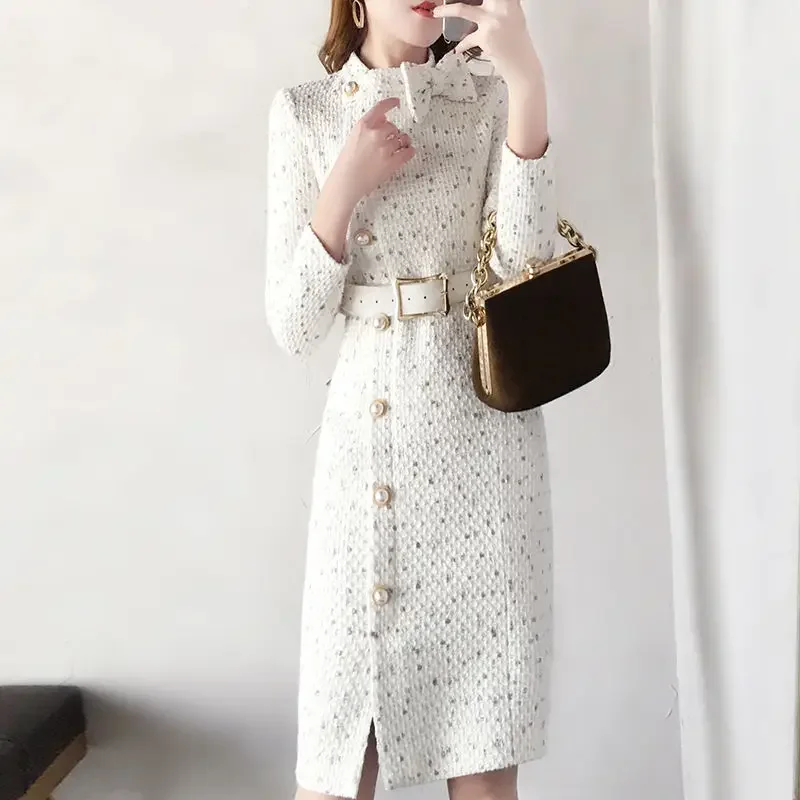 

Women Autumn Winter Korean New O-Neck Woolen Dress Fashion Button Bow Long Dress Casual Waist Closing Long Sleeve A-line Dress