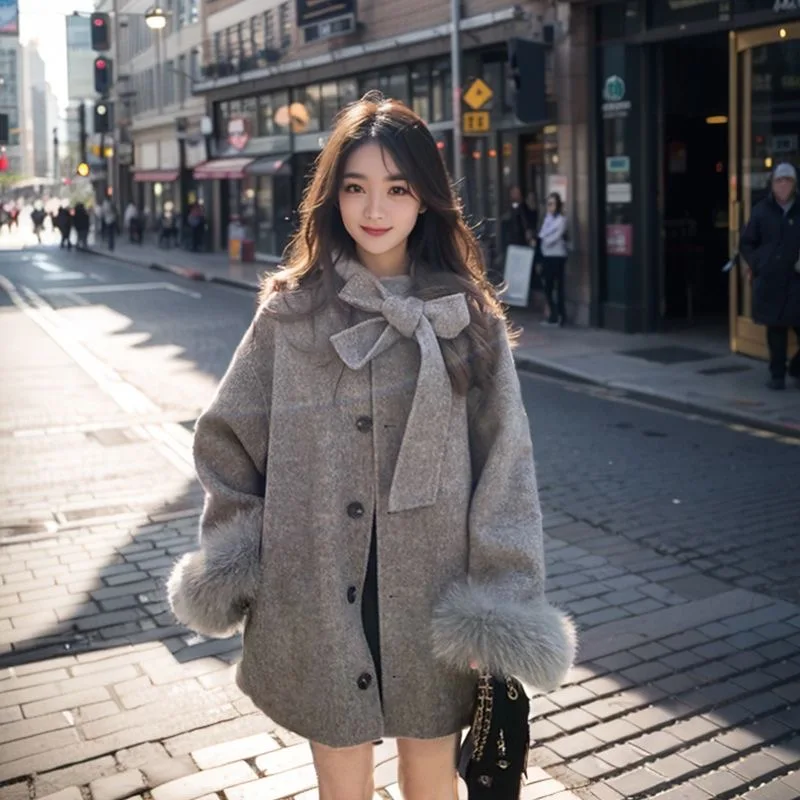 Hepburn Style Gray Wool Coat for Women Autumn/Winter New Bow Woolen Cloak Coat Winter Clothes Loose High end Jacket Women Top