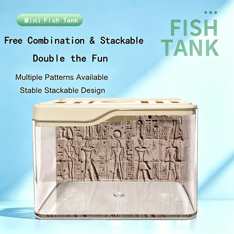

Portable Mini Fish Tank with Egyptian Temple Wall Pattern, Desktop Aquarium, Home & Office Decoration