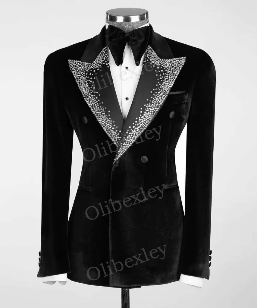

High Quality Men's 2 Pieces Suits Elegante Fashion Beaded Crystals One Button Slim Fit Wedding Groom Business Customiz