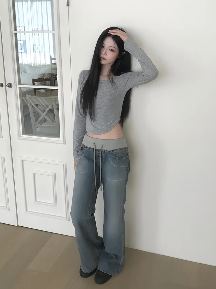 ReddaChic Binding Flare Jeans for Women Going Out Korea Drawstring Whiskers Do Old Wide Leg Bootcut Jeans Causal Y2k Streetwear