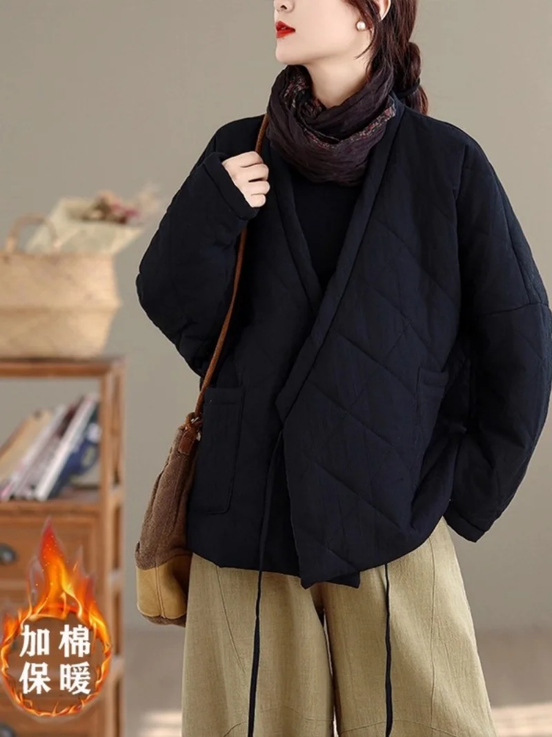 

Хлопково-льняная куртка для женщин, осень-зима 2022, стеганое пальто в китайском стиле дзен с наклонным воротником и завязками на веревке, верхняя одежда w1293