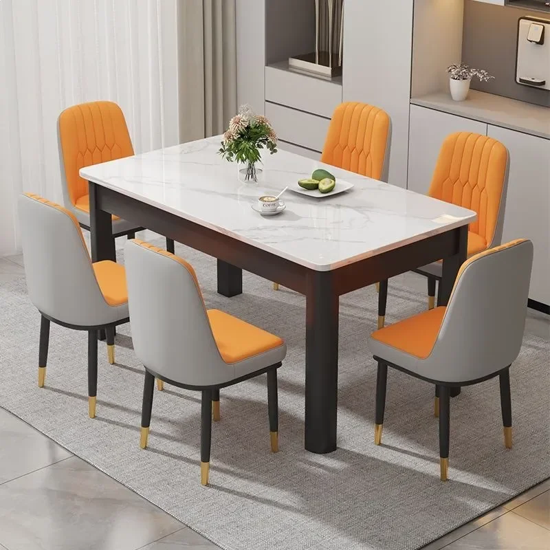 Modern Simple Imitation Solid Wood Rock Slab Dining Table Set with Chairs Light Luxury Rectangular Eating Table for Small