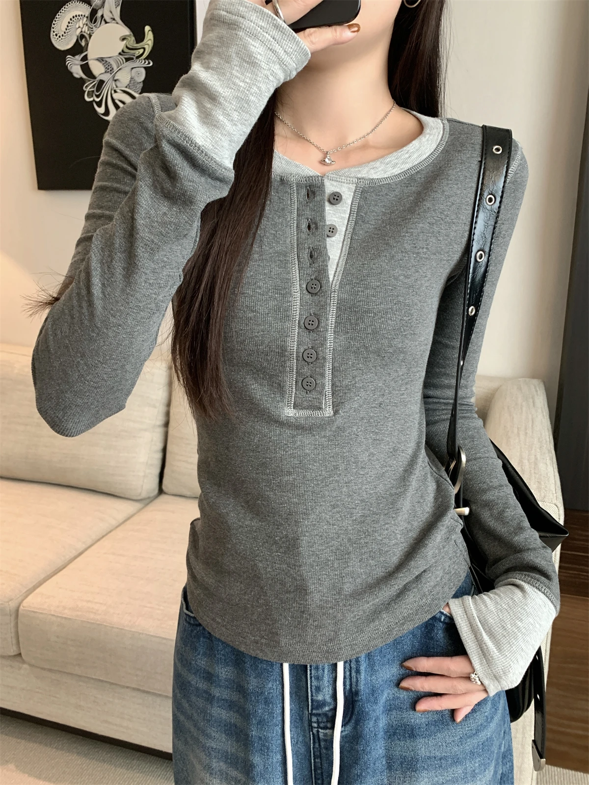 Fashionable round Neck Base Shirt Women's Autumn Season Color Block Stitch Design Versatile Korean Style Long Sleeve Top