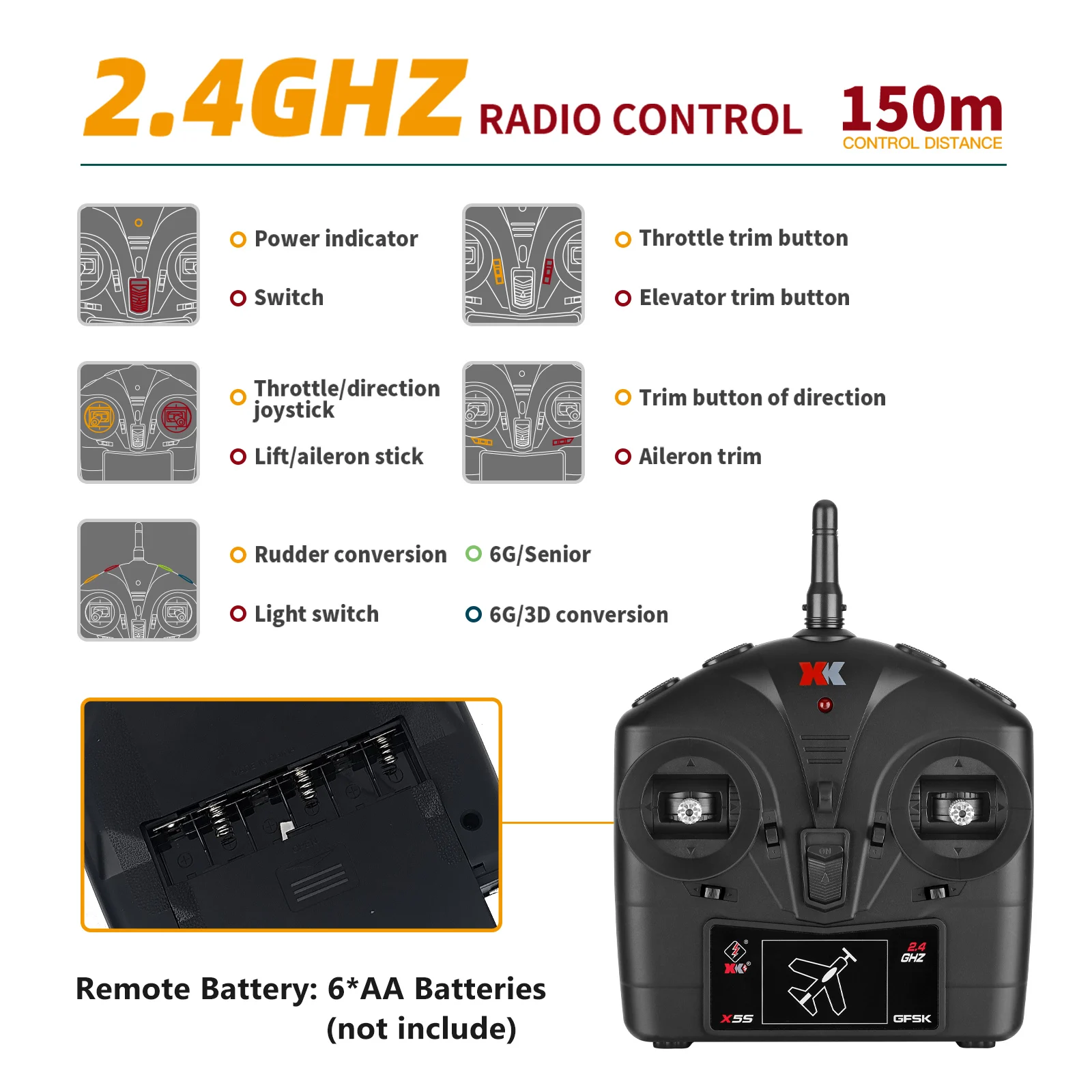 طائرة WLtoys XK A280 RC، طائرة P51 Mustang 4-CH RC مع أضواء، طائرة تحكم عن بعد 6G/3D بدون فرش، مناسبة للبالغين