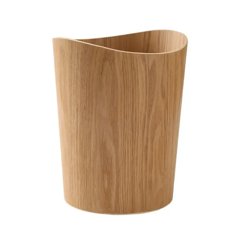 9L Garbage Can with Lid Waste Bins Solid Wood Wastebasket Home Cleaning Tools Round Trash Can Swing Cover Office Storage Baskets