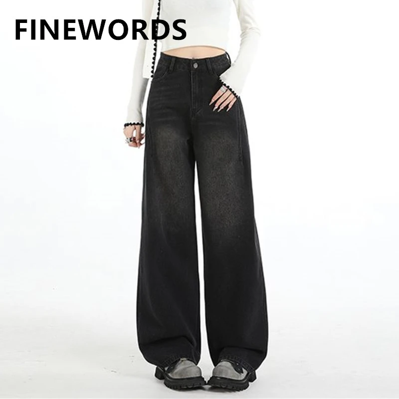 

Джинсы FINEWORDS винтажные черные с высокой талией, женские повседневные широкие джинсы свободного кроя в корейском стиле, универсальные, полной длины