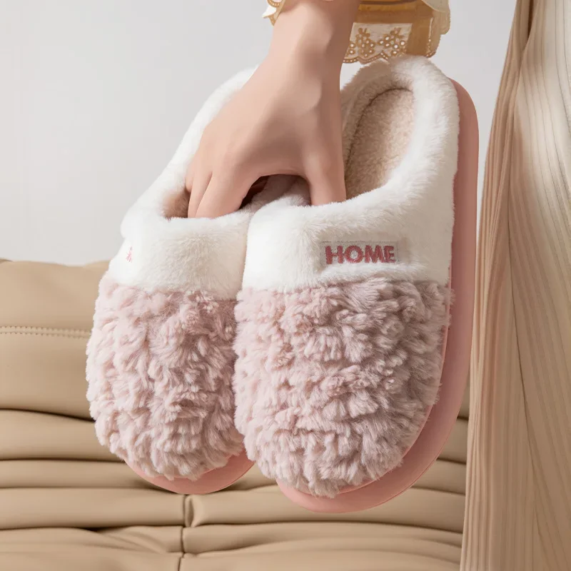 Comfy Plush Winter Men's  Indoor Home Slippers Thick Bottom Non-slip Warm Cotton Shoes Couple Plus Size 36-54 Fluffy Men Slides