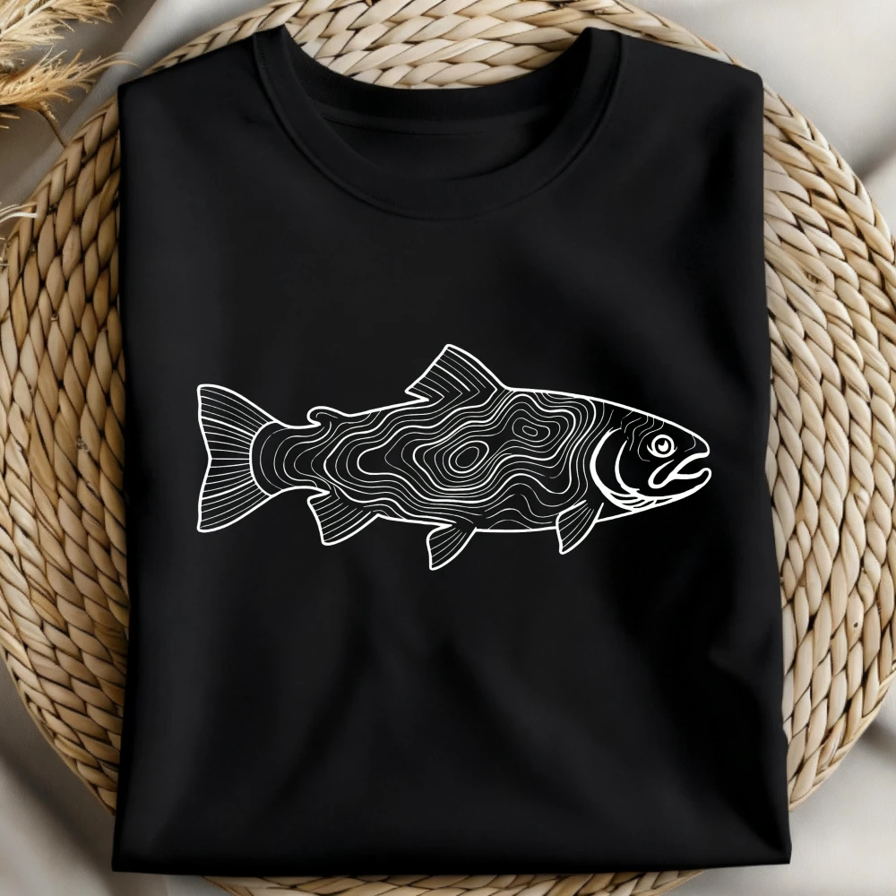 Trout Topographic Shirt Fly Fishing Contour Line Map Tee Minimalist Line Art Contour Map Outdoors Unisex Casual Shirt Cotton Tee