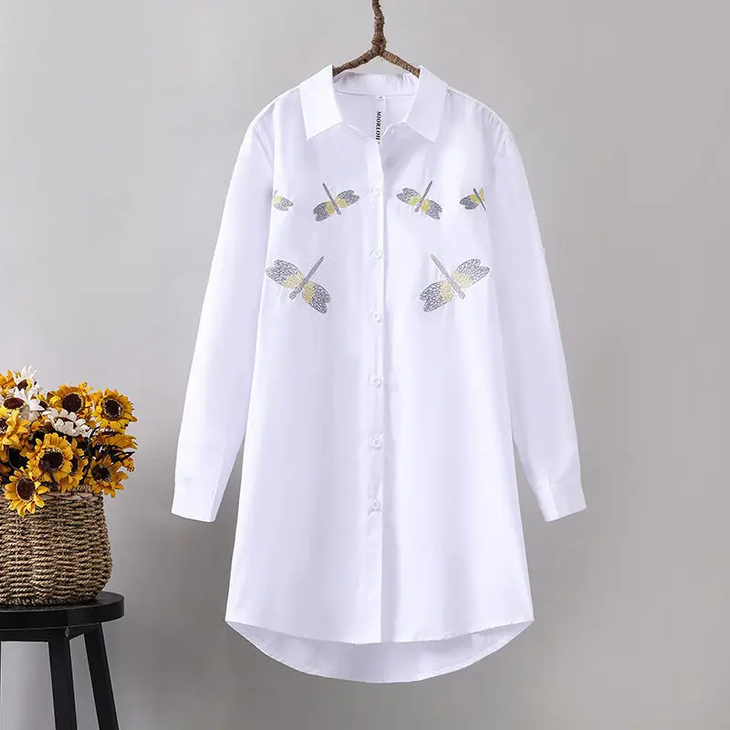 

Spring Korean Sle Women's Cotton irt Long Sve Embroidered Ba Loose Fit mid Length Faionable Top Button up Pol...