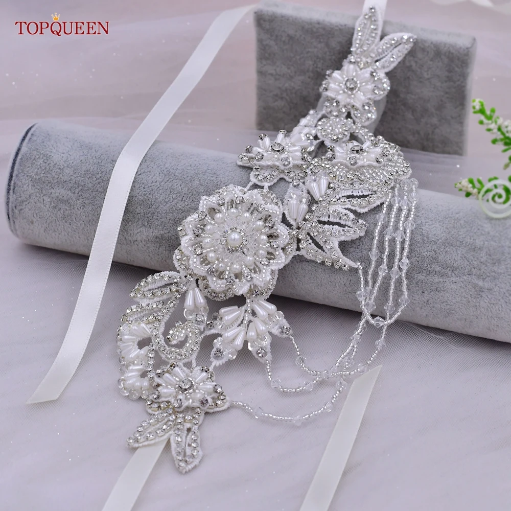 TOPQUEEN S80 Bridal Decorative Waist Belt Wedding Dress Accessories Woman Fashion Sash with Silver Rhinestones Handmade Beaded