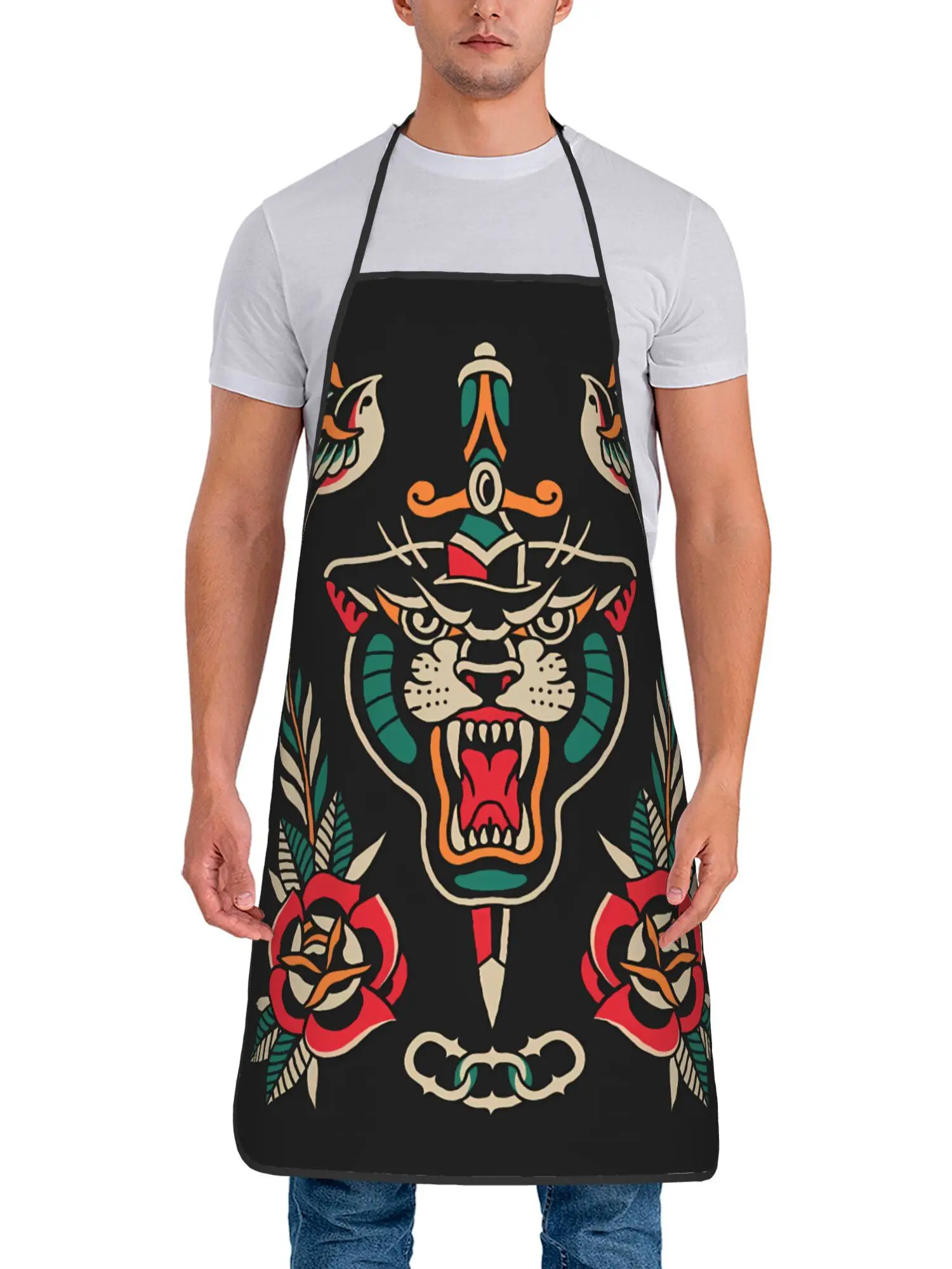 Traditional Tiger Rose Tattoo Apron Old School Style Kitchen Cooking Baking Gift For Men Ink Lover Chef Wear Bold Design