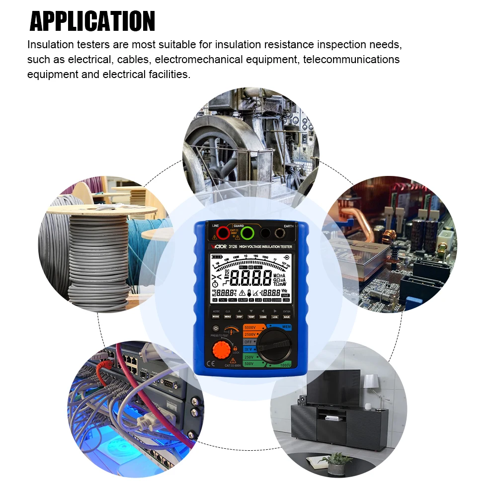 VICTOR 3126 5000V testeur de résistance d'isolation numérique haute tension gamme automatique 9999 points IP40 Communication USB commande SCPI
