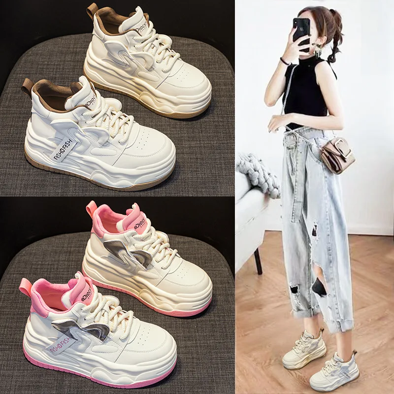 

Trendy Fleece Lined Winter Boots Women's Dad Shoes Versatile High Top Warm White Sneakers Short Tube Casual Style EVA Material