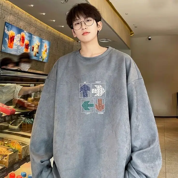 Heavy suede round neck sweatshirt for men in autumn and winter new plus velvet trendy brand large size top American retro hooded