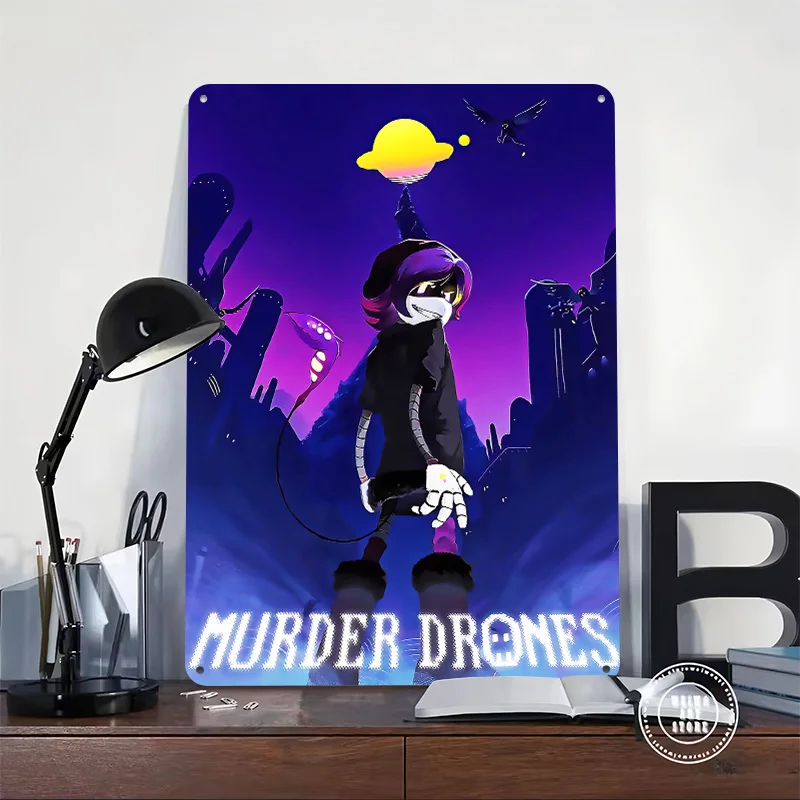Murder Drones Tinplate Poster Custom Wall Art Vintage Metal Signs Retro Tin Plaque for Gaming Room Decoration Cozy Desk Decor