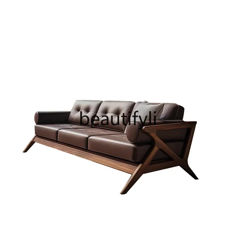 

02New Chinese-style simple solid wood sofa coffee table black walnut modern simple homestay villa clubhouse
