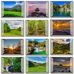 3D Window Waterfall Mountain Forest Tree Landscape Poster Picture Beach Sea View Canvas Painting Print Wall Art Room Home Decor