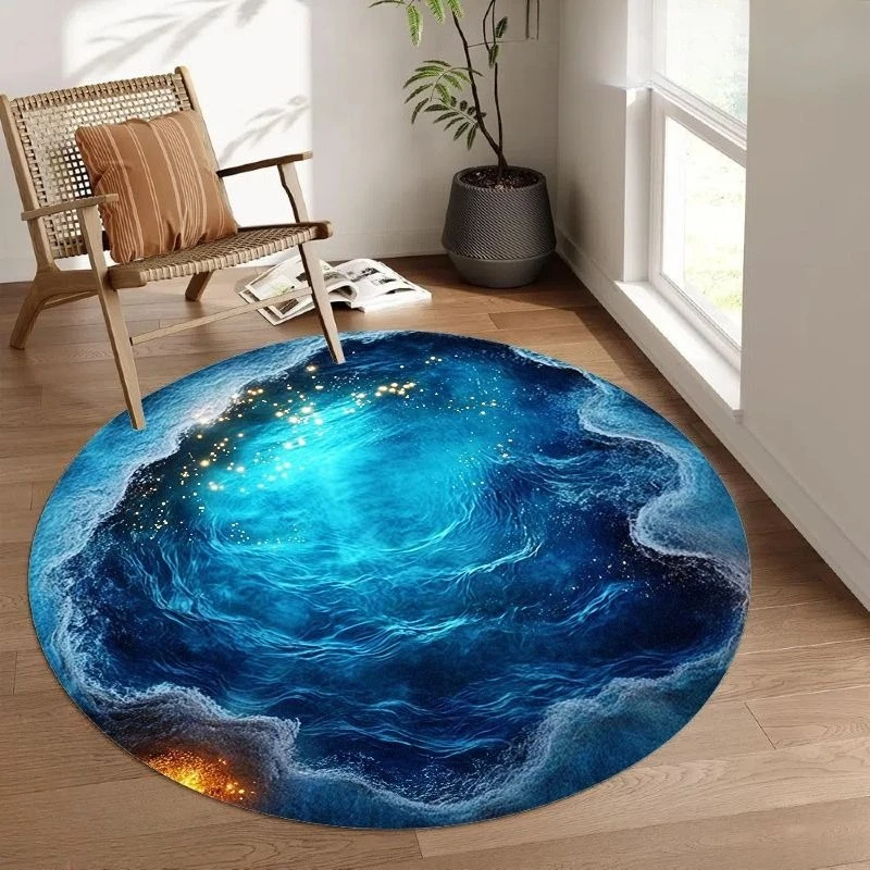 Glowing Blue Ocean Wave Round Rug Sparkling Starry Sea Water Swirl Circular Mat  Modern Living Room Non Slip Decor Floor Carpet
