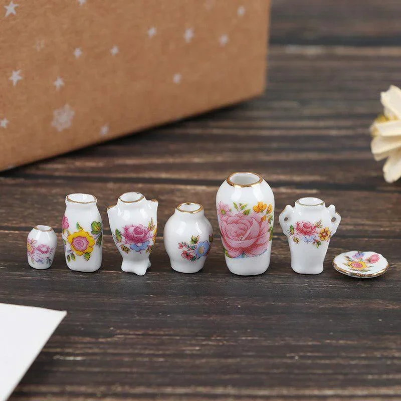 Minijarrón de cerámica para casa de muñecas, accesorios decorativos en miniatura, 1:12, 7 unidades por Set