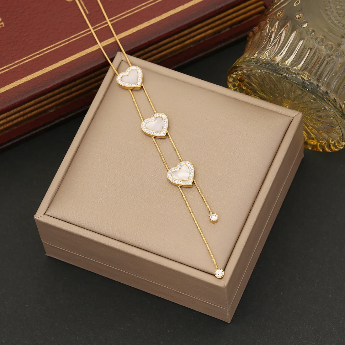 316L Stainless Steel Rhinestone Heart Necklace Earrings For Women Fashion Sweater Chain Jewelry Set Party Gifts