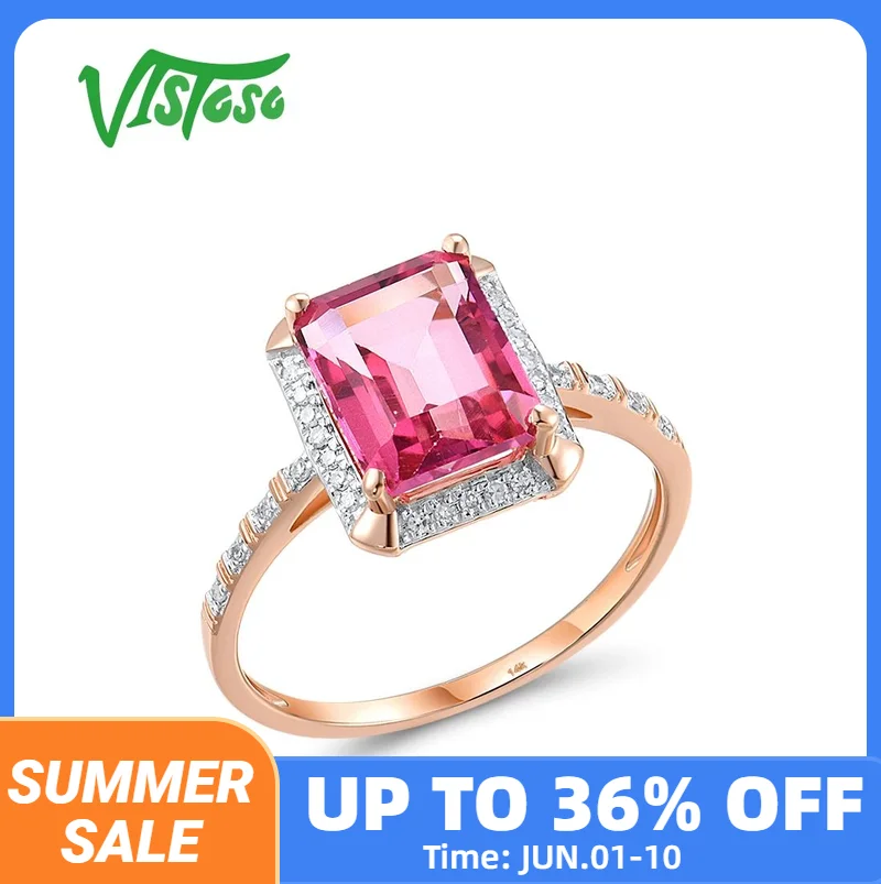 VISTOSO Genuine 14K 585 Rose Gold Solitaire Rings For Women Sparkling Diamond Pink Topaz Rectangle Gorgeous Fine Fashion Jewelry