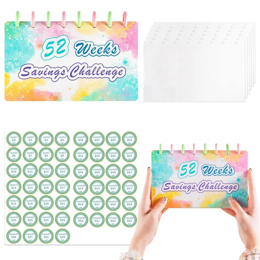 Reusable 52 Weeks Savings Challenge Notebook Weekly Colorful Budget Binder Planner Multi Pockets Loose Leaf Cash Planner Student